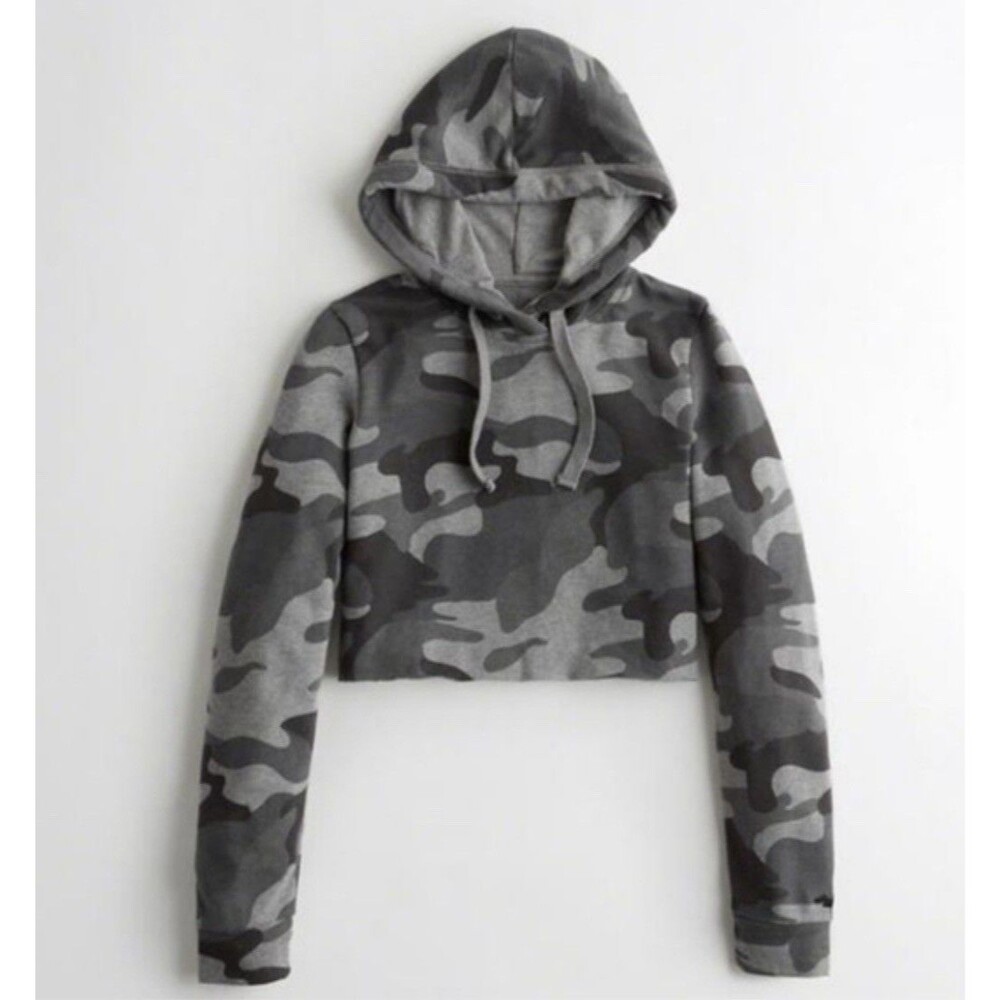 Hollister Girls Medium Boxy Black/Gray Camo Cropped Hoodie